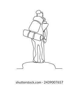One continuous line drawing of a man is climbing a mountain carrying a carrier bag on his back vector illustration. Hiking and climbing activity illustration in simple linear style vector concept.