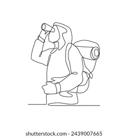 One continuous line drawing of a man is climbing a mountain carrying a carrier bag on his back vector illustration. Hiking and climbing activity illustration in simple linear style vector concept.