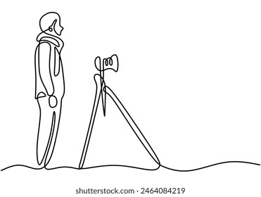 one continuous line drawing of man doing photography with tripod camera. Photographer isolated on white background.