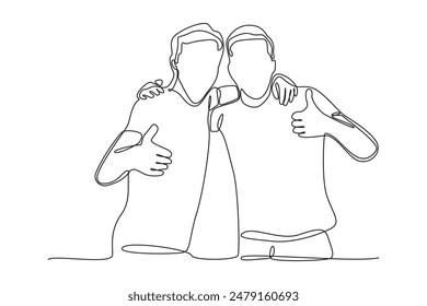 One continuous line drawing of a man meets his old friend and hugs each other. Frienship, meet up, gathering. simple line.