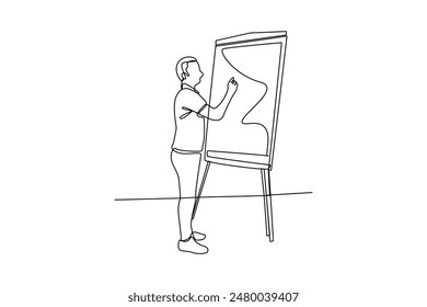 One continuous line drawing of a man is explaining a project design on a white board during a meeting. Business Project minimalist concept. Single line draw vector graphic design illustration