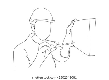 One continuous line drawing of man fixing Air conditioner. Temperature maintenance. Thin line customizable illustration. Contour symbol. Vector isolated outline drawing