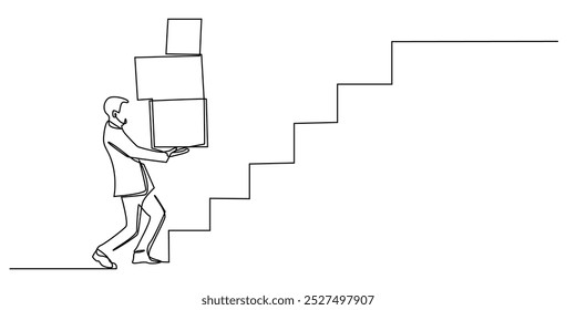 Un dibujo de línea continua de hombre con pila de cartón escalando stairs.one dibujo de línea de persona de negocios experimentando desafíos. Ilustración vectorial de una sola línea. fondo blanco aislado
