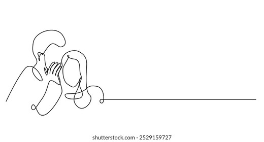 um desenho de uma linha contínua de um homem sussurrando no ouvido de uma mulher. um desenho de uma linha de um homem sussurrando transmitindo notícias, dando notícias, transmitindo fofocas. uma única linha de ilustração vetorial.