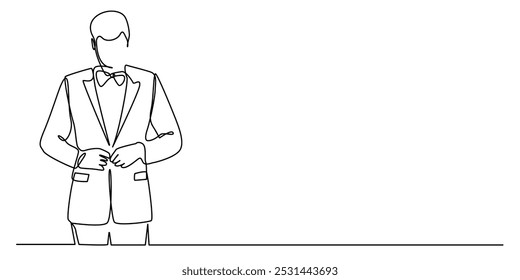 one continuous line drawing of a man wearing a suit.one line drawing of a man wearing a suit to work, attending a party.single line vector illustration.isolated white background