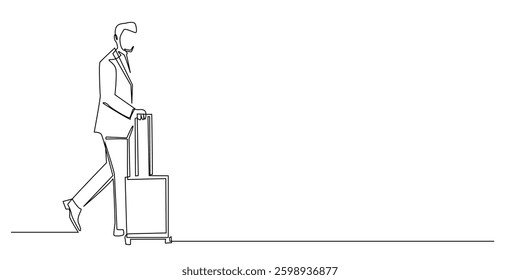 one continuous line drawing of man going on business trip.one line drawing of business man pulling suitcase at airport.single line vector illustration.isolated on white background