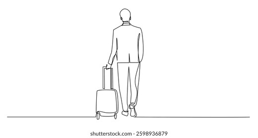 one continuous line drawing of man going on business trip.one line drawing of business man pulling suitcase at airport.single line vector illustration.isolated on white background