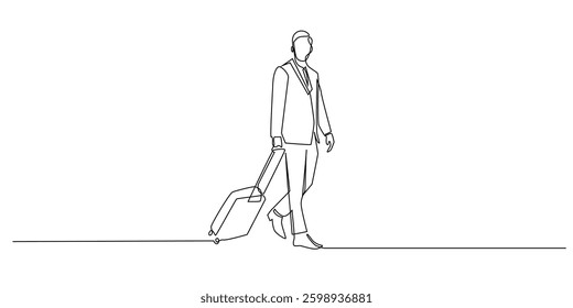 one continuous line drawing of man going on business trip.one line drawing of business man pulling suitcase at airport.single line vector illustration.isolated on white background