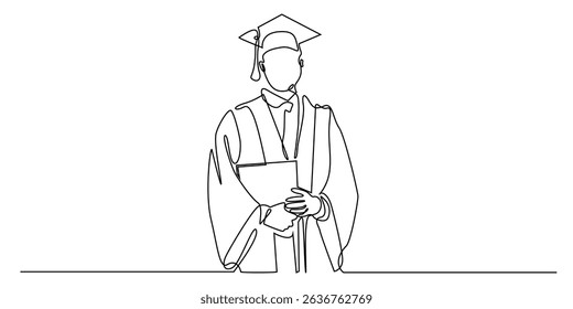 one continuous line drawing of a man graduating from college.portrait of a man with cap,graduation gown and graduation certificate.single line vector illustration
