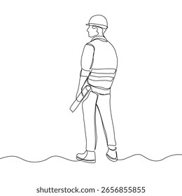 One continuous line drawing of man engineer controlling the construction of building. Building architecture business concept. Single line draw vector graphic design illustration.
