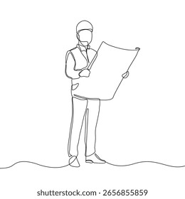 One continuous line drawing of man engineer controlling the construction of building. Building architecture business concept. Single line draw vector graphic design illustration.