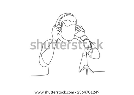 One continuous line drawing of man getting ready to plug in headphones to record a podcast
