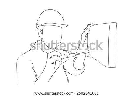 One continuous line drawing of man fixing Air conditioner. Temperature maintenance. Thin line customizable illustration. Contour symbol. Vector isolated outline drawing