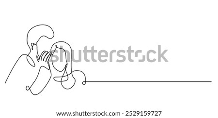 one continuous line drawing of a man whispering into a woman's ear. one line drawing of a man whispering conveying news, giving news, conveying gossip. single line vector illustration.