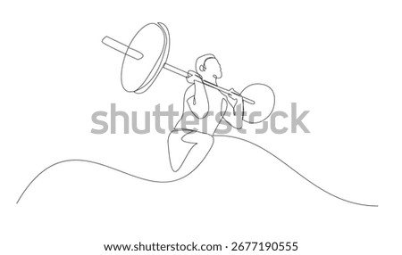 One continuous line drawing of a man doing squats with barbell. Great minimalist vector illustration for fitness and sport themes.