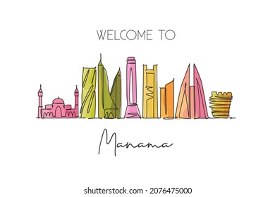 One continuous line drawing Manama city skyline Bahrain. Beautiful landmark postcard print. World landscape tourism travel vacation. Editable stylish stroke single line draw design vector illustration