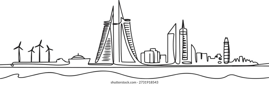 Una línea continua dibujando el horizonte de la ciudad de Manama, Bahréin. Hermosa impresión de postal de Lugar famoso. Vacaciones de viaje de turismo de paisaje mundial. dibujo de icono de una línea
