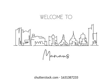 One continuous line drawing of Manaus city skyline, Brazil. Beautiful landmark postcard. World landscape tourism travel vacation. Editable stylish stroke single line draw design vector illustration