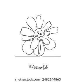 One continuous line drawing of Marigold vector design illustration. Type of Flower themes design concept with simple linear style vector. Beautiful useful flower design for wedding or romantic party.