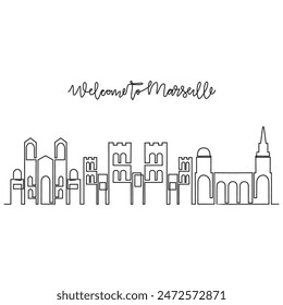 One continuous line drawing of Marseille skyline vector illustration. Modern city in Europe in simple linear style vector design concept. One big city in France. Iconic architectural building design.