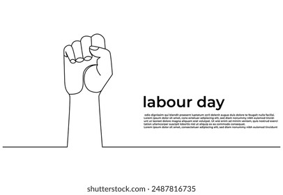 One continuous line drawing of the master's hand holds a wrench, hammer, with lettering Labor Day isolated on white background. 1st may celebration. Vector illustration