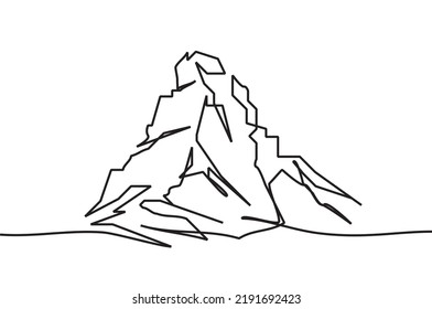 One continuous line drawing of Matterhorn mountain in an Alpine river. Vector illustration of mount matterhorn for icon, symbol, logo and poster. Simple line of the mountains Alpine. Editable vector.