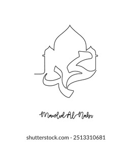 One continuous line drawing of Mawlid of Prophet Muhammad. Calligraphy name of Prophet Muhammad in simple linear style illustration.  Arabic Translate : Translation of text : Prophet Muhammad Birthday