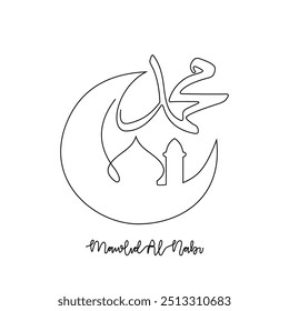 One continuous line drawing of Mawlid of Prophet Muhammad. Calligraphy name of Prophet Muhammad in simple linear style illustration.  Arabic Translate : Translation of text : Prophet Muhammad Birthday