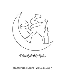 One continuous line drawing of Mawlid of Prophet Muhammad. Calligraphy name of Prophet Muhammad in simple linear style illustration.  Arabic Translate : Translation of text : Prophet Muhammad Birthday