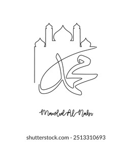 Eine durchgehende Linie Zeichnung von Mawlid des Propheten Muhammad. Kalligrafie Name des Propheten Mohammed in einfachen linearen Stil Illustration.  Arabisch Übersetzen : Übersetzung des Textes: Prophet Muhammad Geburtstag