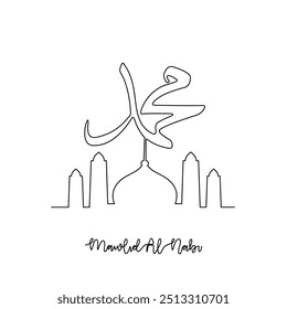 Um desenho de linha contínua de Mawlid do Profeta Muhammad. Caligrafia nome do Profeta Muhammad na ilustração de estilo linear simples.  Árabe Traduzir : Tradução de texto : Profeta Muhammad Aniversário