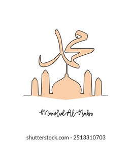 Un dibujo de línea continua de Mawlid del Profeta Mahoma. Nombre de caligrafía del profeta Mahoma en ilustración de estilo lineal simple.  Traducción: Traducción del texto: Cumpleaños del Profeta Mahoma