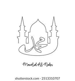 Um desenho de linha contínua de Mawlid do Profeta Muhammad. Caligrafia nome do Profeta Muhammad na ilustração de estilo linear simples.  Árabe Traduzir : Tradução de texto : Profeta Muhammad Aniversário