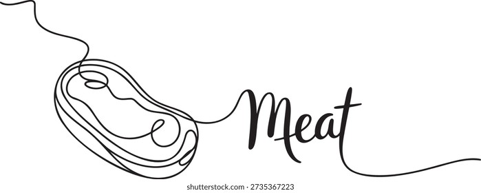 One continuous line drawing of a meat steak, illustrating a fresh cut ready for cooking. The word 