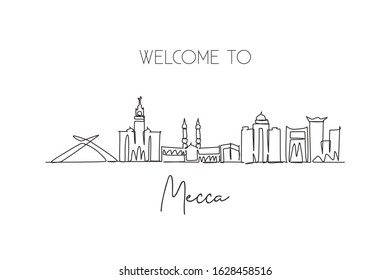 One continuous line drawing Mecca city skyline, Saudi Arabia. Beautiful landmark postcard print art. World landscape tourism travel vacation. Stylish stroke single line draw design vector illustration