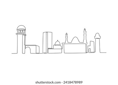 One continuous line drawing Mecca city skyline, Saudi Arabia. Beautiful landmark postcard print art. World landscape tourism travel vacation. Stylish stroke single line draw design vector illustration