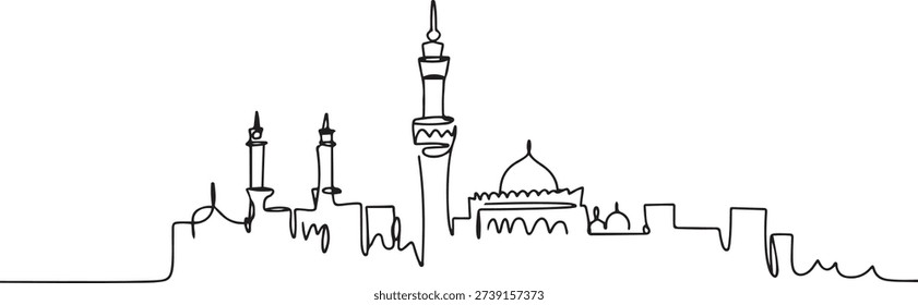 One continuous line drawing Mecca city skyline, Saudi Arabia. Beautiful landmark postcard print art. World landscape tourism travel vacation. one line Icon drawing
