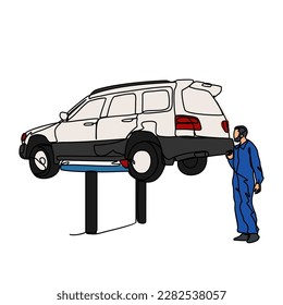 One continuous line drawing of a mechanic is repairing the car. Automotive design concept with simple linear style. Automotive vector design illustration concept.