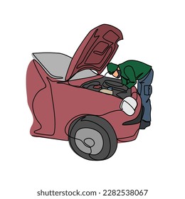 Un dibujo de línea continua de un mecánico es reparar el auto. Concepto de diseño automotriz con un estilo lineal simple. Concepto de ilustración de diseño vectorial automotriz.