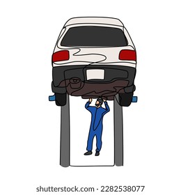 One continuous line drawing of a mechanic is repairing the car. Automotive design concept with simple linear style. Automotive vector design illustration concept.