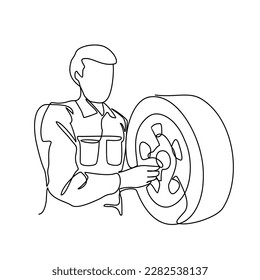 One continuous line drawing of a mechanic is repairing the wheel car. Automotive design concept with simple linear style. Automotive vector design illustration concept.