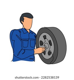 One continuous line drawing of a mechanic is repairing the wheel car. Automotive design concept with simple linear style. Automotive vector design illustration concept.