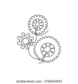 One continuous line drawing of mechanical engine gear icon logo emblem. Round wheel metal symbol logotype template for business teamwork concept. Modern single line draw design graphic illustration