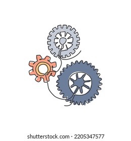 One continuous line drawing of mechanical engine gear icon logo emblem. Round wheel metal symbol logotype template for business teamwork concept. Modern single line draw design graphic illustration