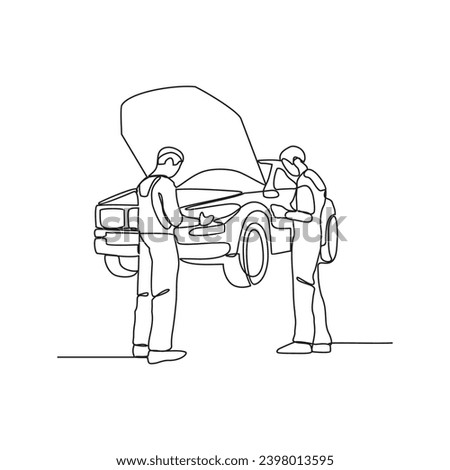 One continuous line drawing of mechanics is repairing a damaged car in the workshop vector illustration. Automotive workshop activity illustration simple linear style vector concept.