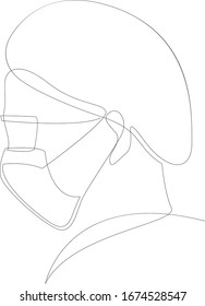One continuous line drawing medical face mask. Concept of coronavirus. continuous single drawn one line surgeon hand-drawn picture silhouette. Line art. Doodle vector illustration.