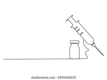 One continuous line drawing of medical syringe and vial simple illustration of vaccine and injection syringe vector illustration 