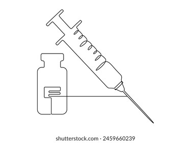 One continuous line drawing of medical syringe and vial simple illustration of vaccine and injection syringe vector illustration 
