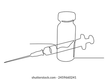 One continuous line drawing of medical syringe and vial simple illustration of vaccine and injection syringe vector illustration 