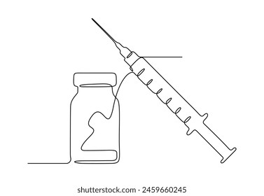 One continuous line drawing of medical syringe and vial simple illustration of vaccine and injection syringe vector illustration 